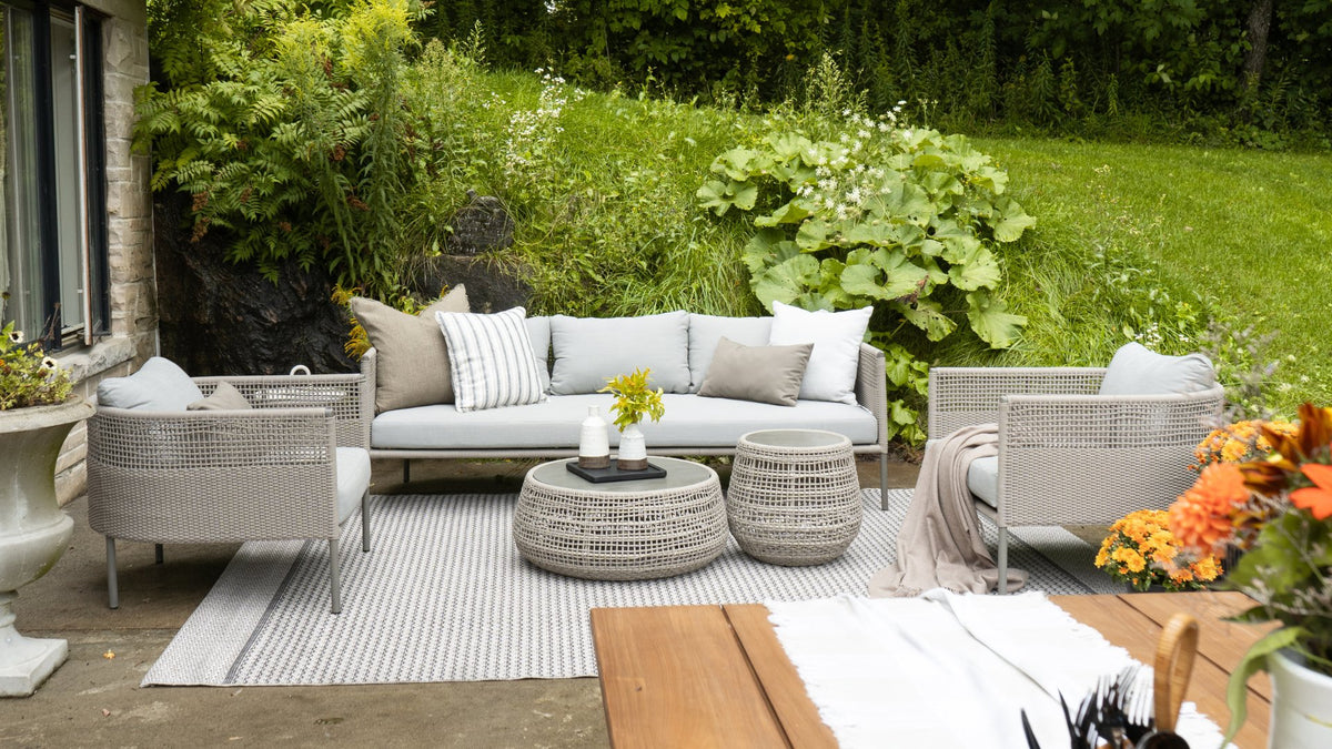 contemporary taupe grey outdoor lounge set with round back and rope detail