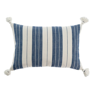 Blue and white striped kidney cushion with tassels made from a soft linen/cotton blend with a down insert.