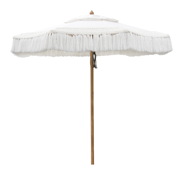 10' Island Fringe Teak Umbrella - White