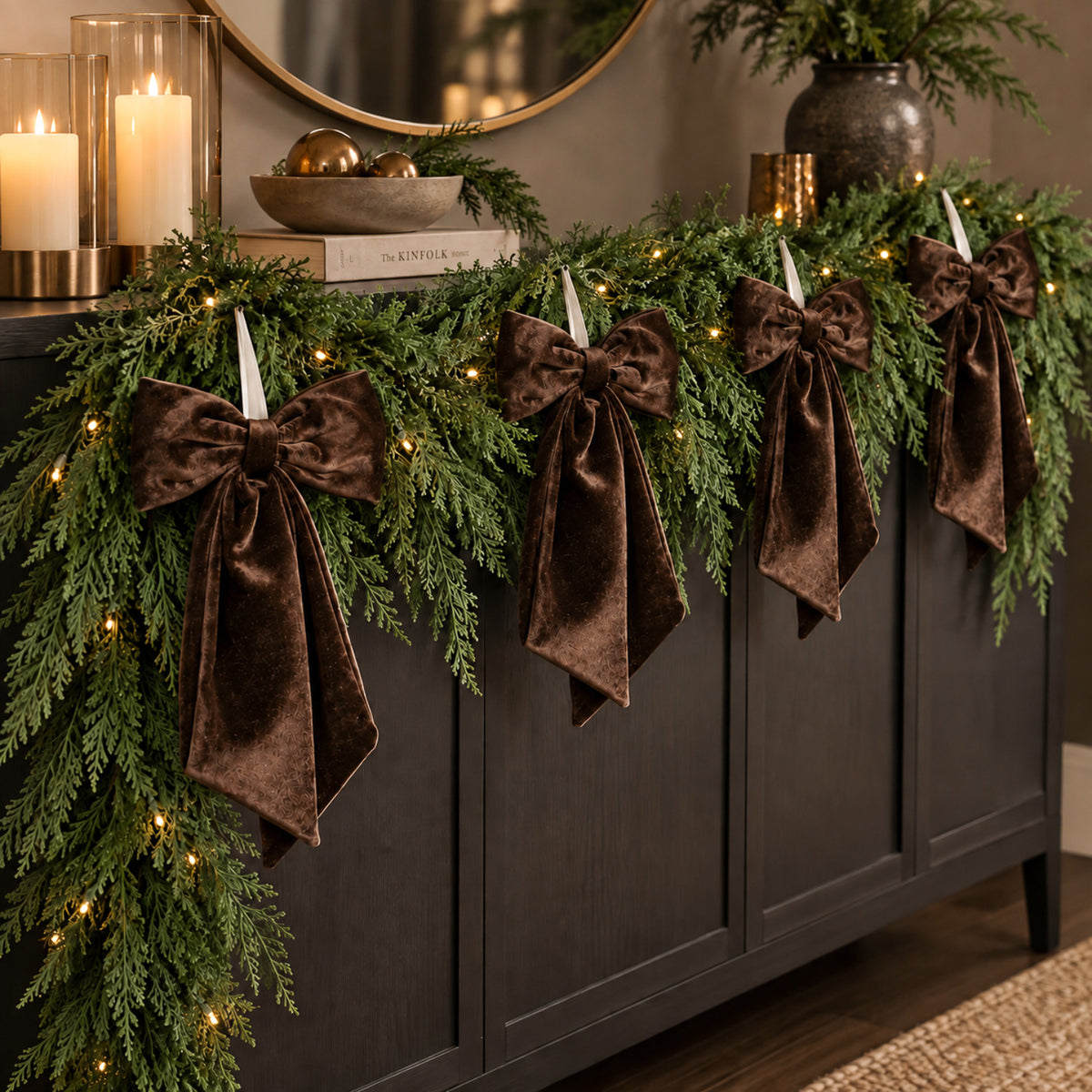 Pre-Lit Real Touch 6ft Cypress Green Garland & Bow Set - Hot Cocoa Brown (5 Pieces)