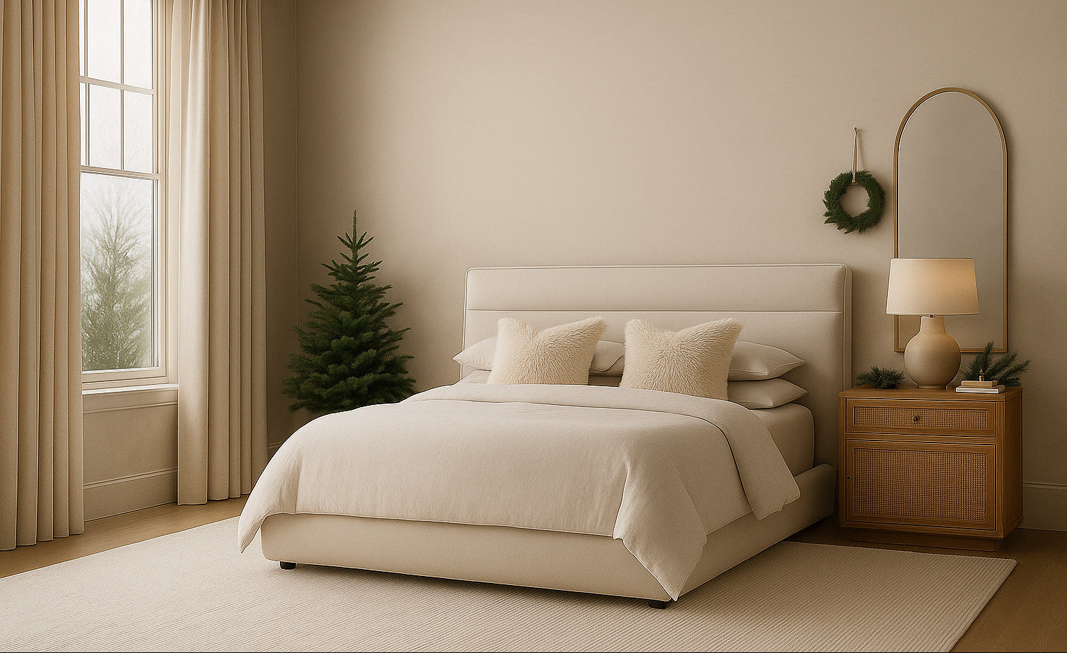 Upholstered white bed  with ivory duvet cover in bedroom.