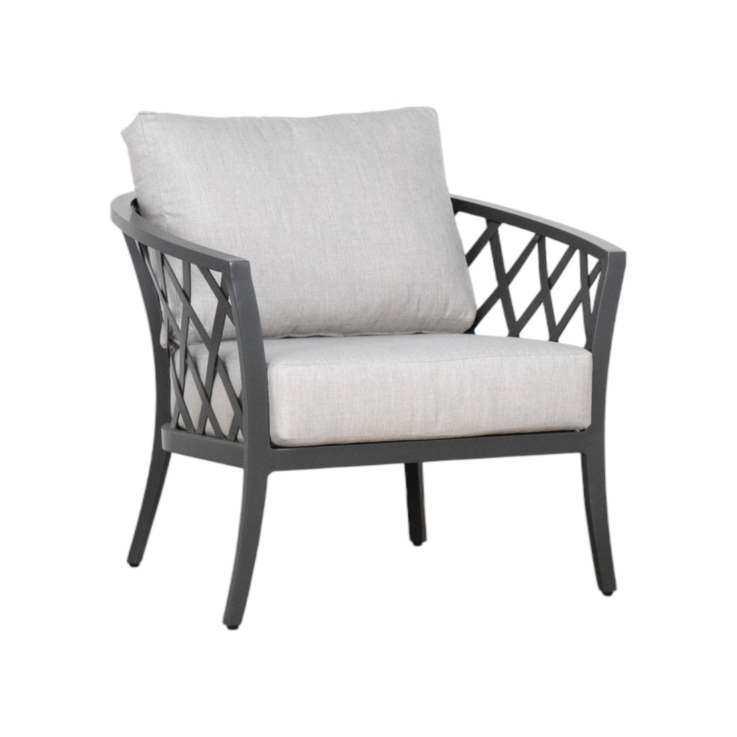 transitional outdoor lounge chair, graphite aluminum frame with criss cross design, splayed legs, soft plush cushions