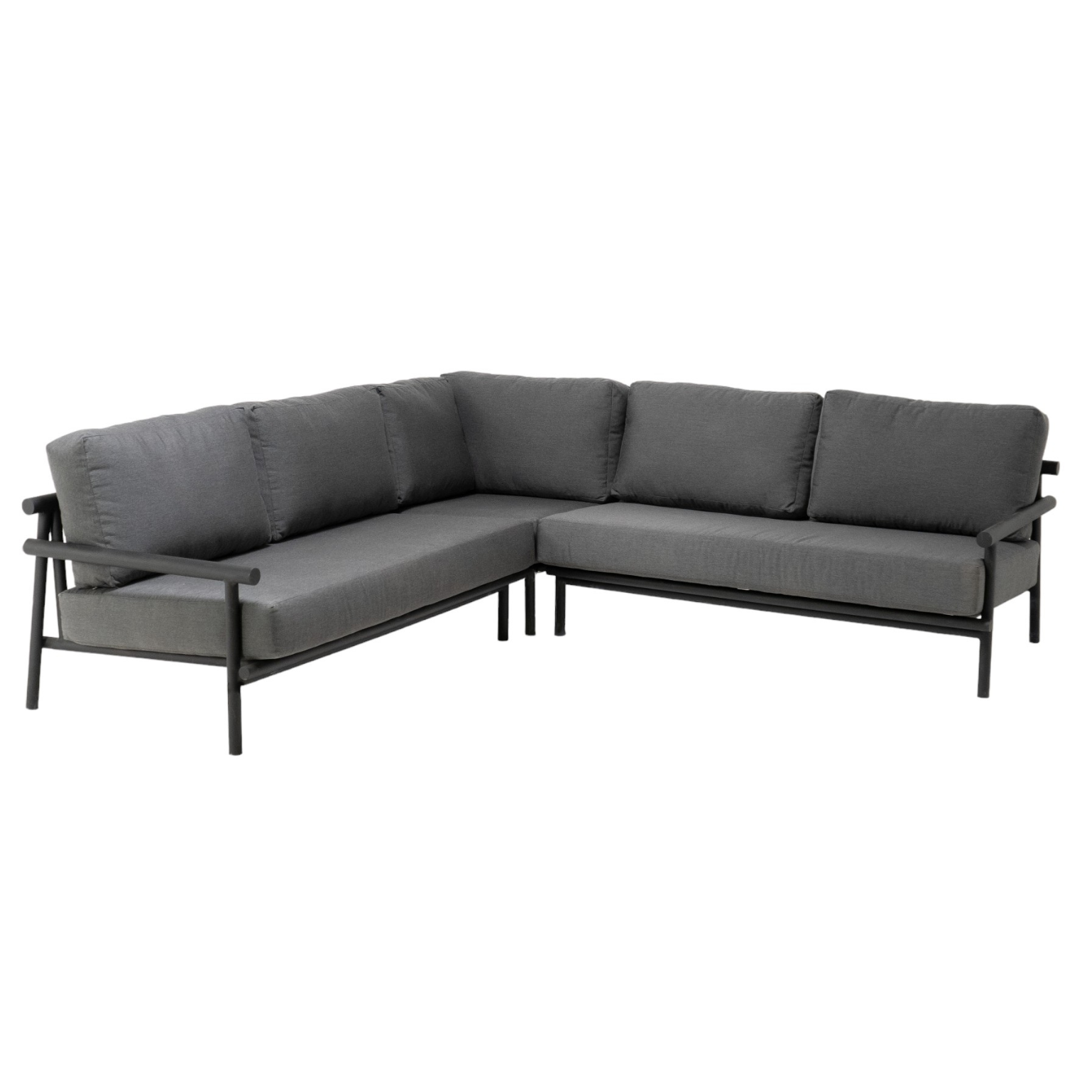 Premium outdoor l shape sofa sectional, mid century modern and Danish inspired design, tubular frame, straight lines, back angled legs, vertical slatted low back, deep seat and back cushions made with Sunbrella fabric, 2 bench seat cushions and 1 corner seat cushion, seats 4-5 people