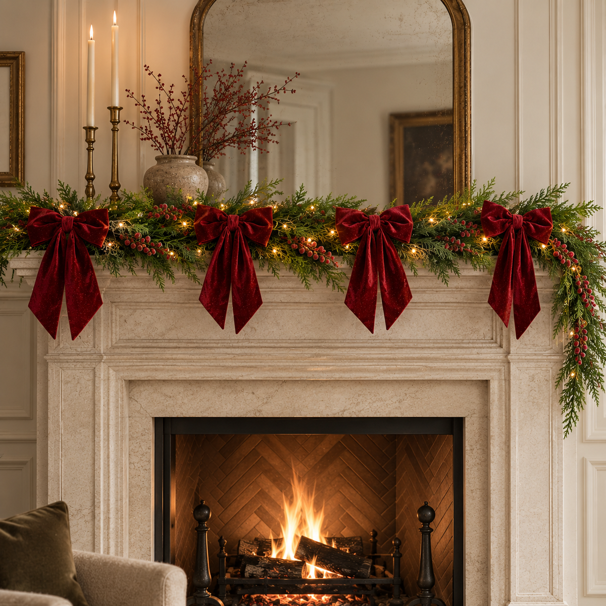 Pre-Lit 6ft Red Frosted Plum Berry Norfolk Garland & Bow Set - Berry Red (5 Pieces)