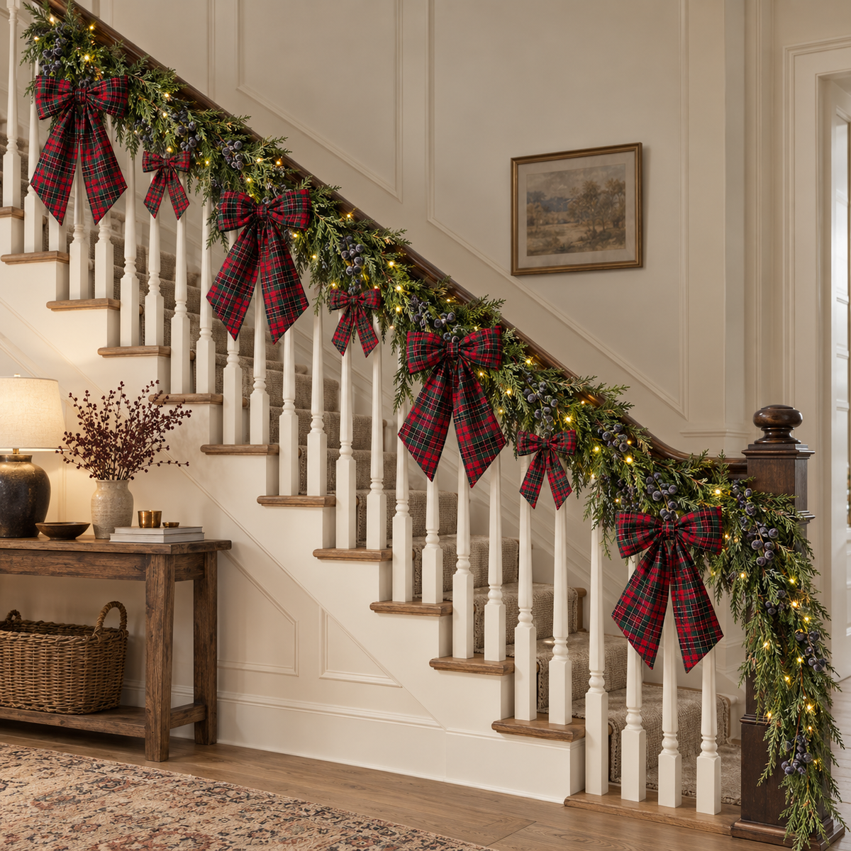 Pre-Lit 15ft Norfolk & Cypress Frosted Blue Berry Garland & Bow Set - Noel Plaid Red (9 Pieces)