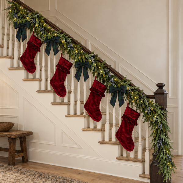 Pre-Lit 15ft Cypress & Frosted Blue Plum Berry Garland, Stocking & Bow Set (9 Pieces)