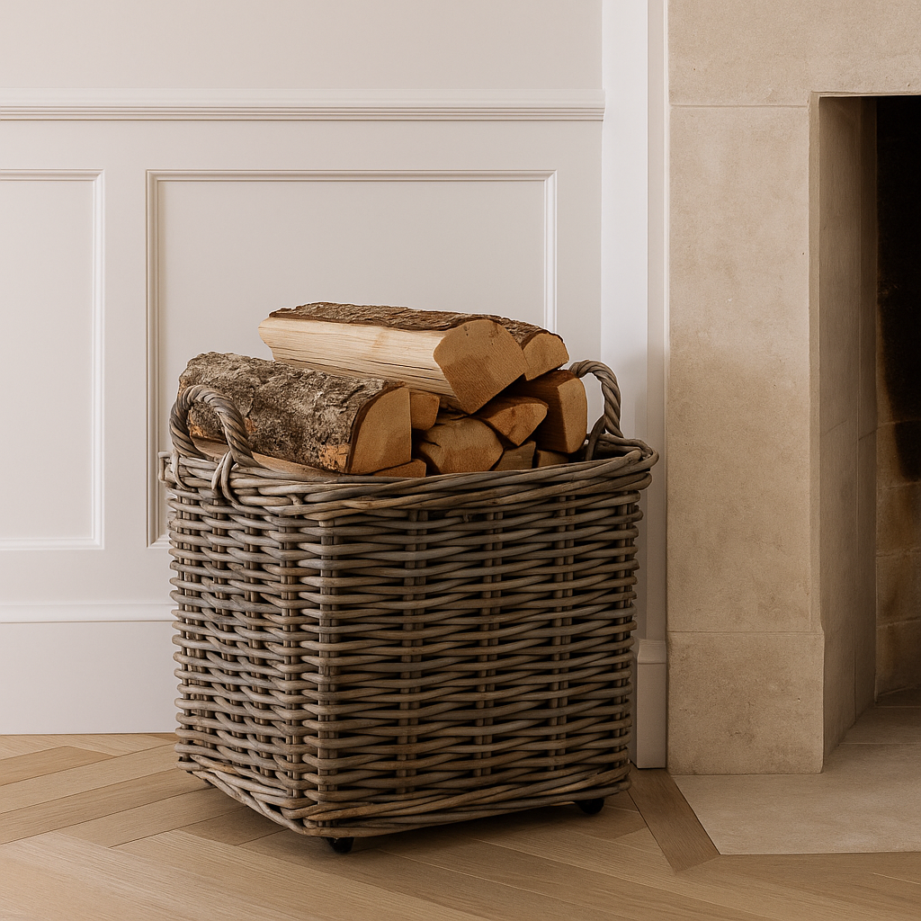 Langley Stackable Rattan Log Basket w/ Wheels