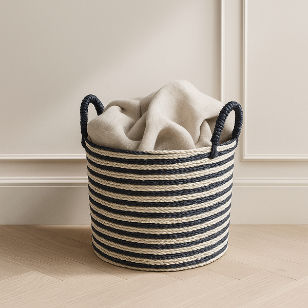 Pinstripe Storage Basket w/ Handles - Blue/White