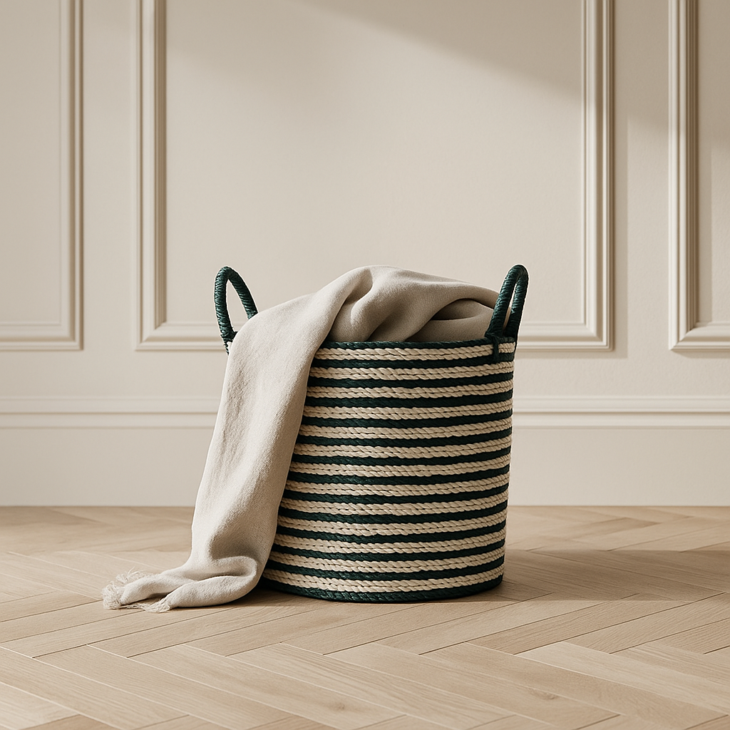 Pinstripe Storage Basket w/ Handles - Green/White