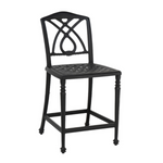 traditional black outdoor cast aluminum counter stool, sabre style back legs with claw foot inspired feet and foot rest bar, mesh seat, curved arms with intricate detailing, criss cross and twisting pattern on chair backing