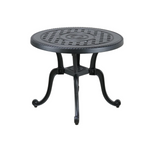 traditional round black cast aluminum outdoor end table, curved sabre style legs with claw foot inspired feet, mesh style table top