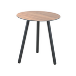 Modern premium round charcoal occasional table, three tubular legs , faux light wood laminate table top