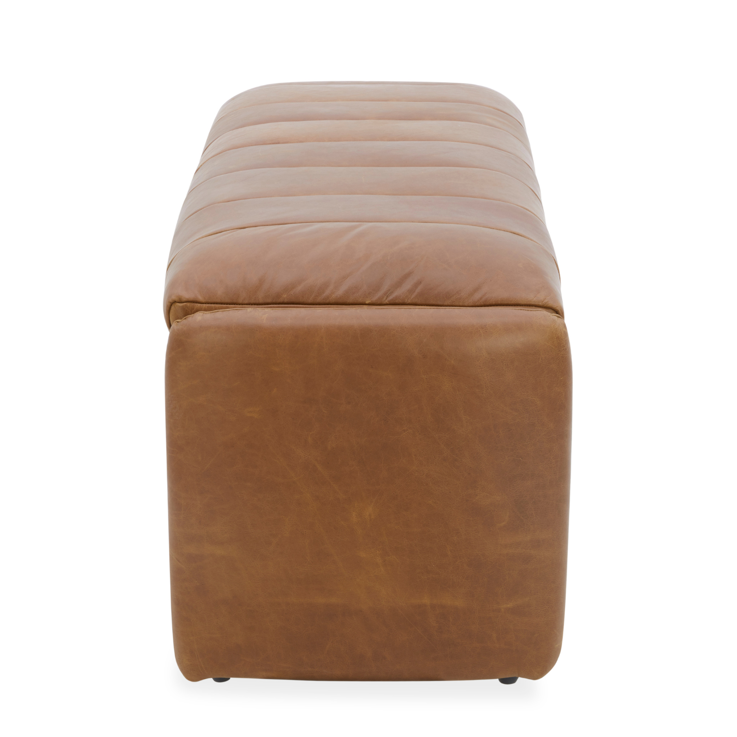 Brown leather ottoman with a cushioned top on a white background