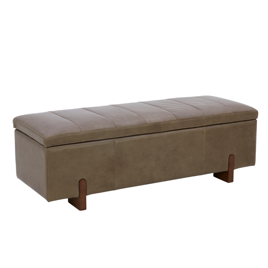 Brown leather storage bench on a white background