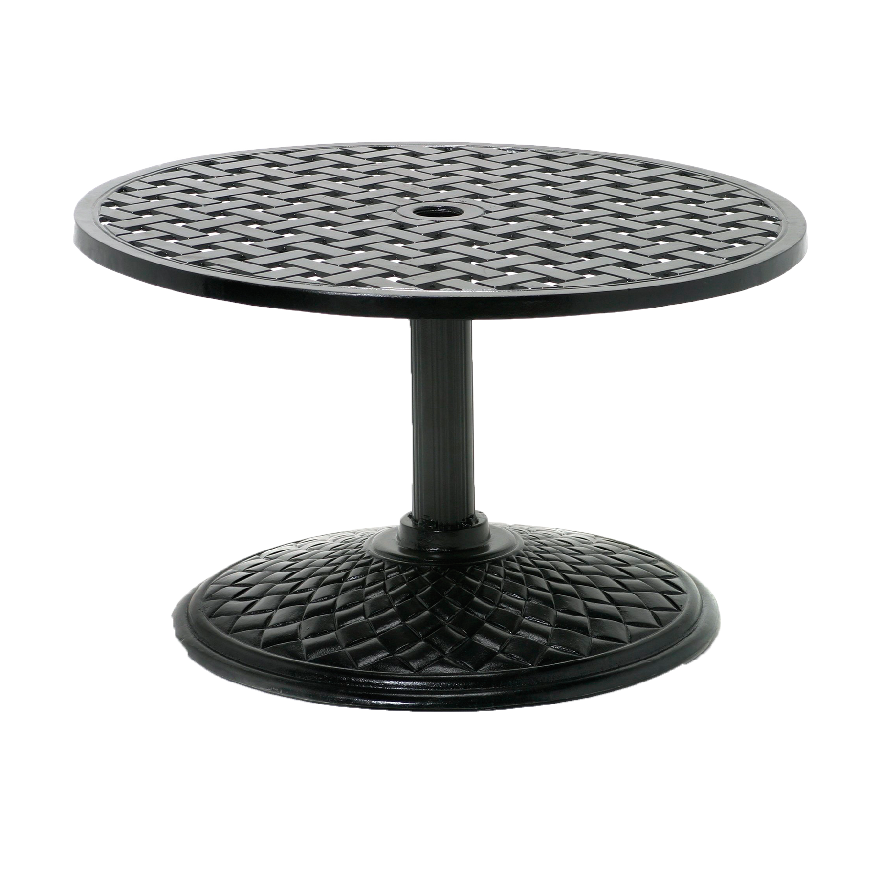 Premium outdoor round aluminum cocktail table with umbrella hole, basket weave pattern top, round pedestal base with diamond pattern, traditional design