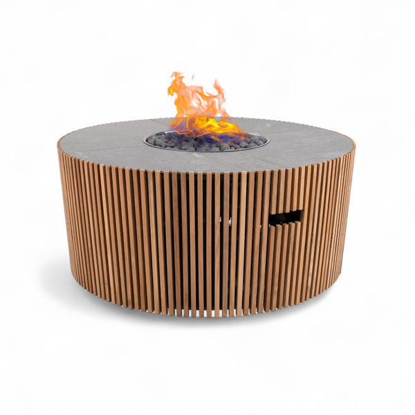 Cubic Teak Round Fire Table & Cover