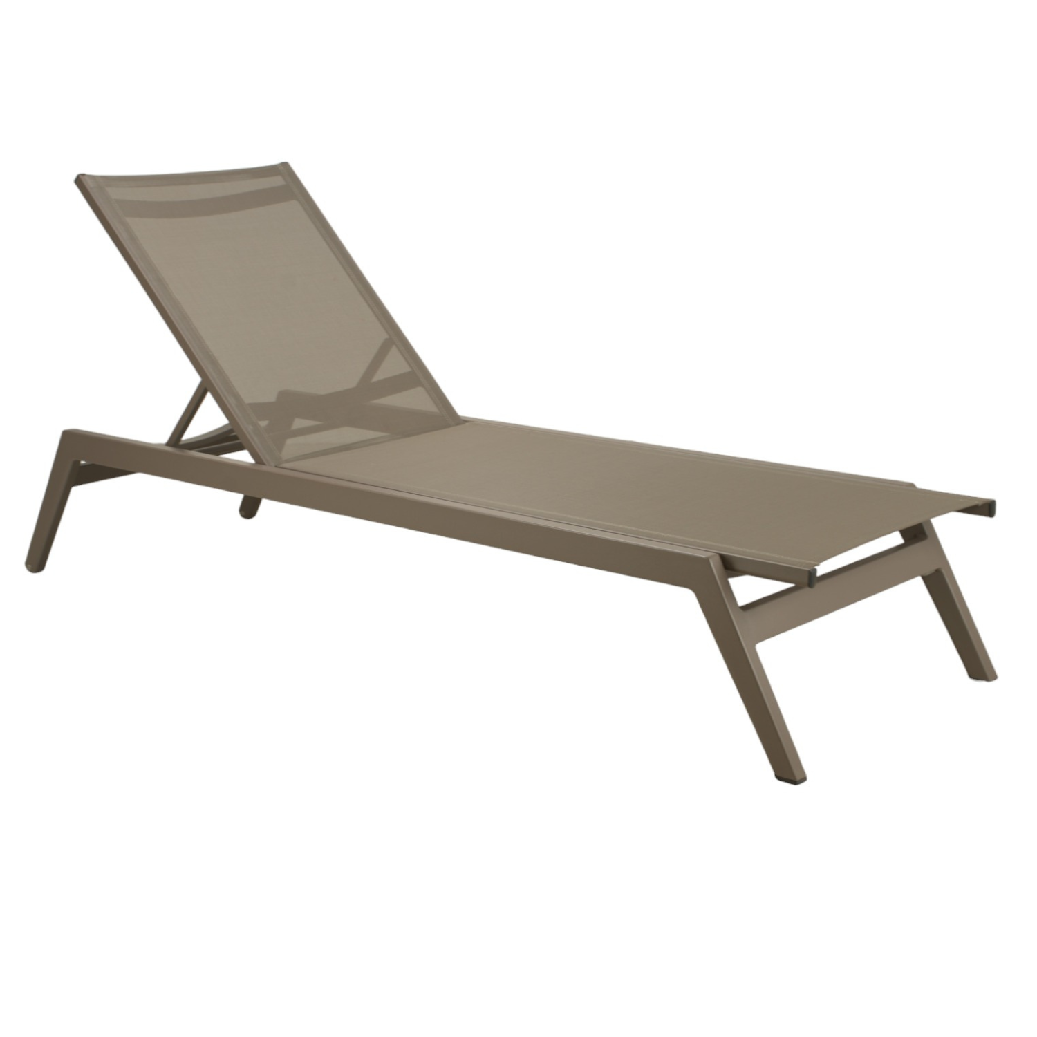 contemporary outdoor chaise lounge, taupe batyline sling, durable rust resistant powder-coated aluminum taupe frame, splayed legs, 4 reclining positions, square silhouette, stackable, quick drying