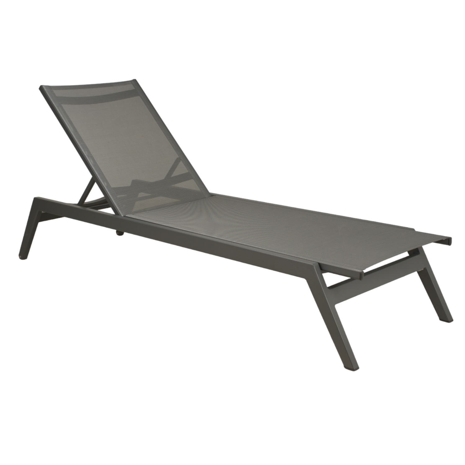 contemporary outdoor chaise lounge, charcoal batyline sling, durable rust resistant powder-coated aluminum frame, splayed legs, 4 reclining positions, square silhouette, stackable, quick drying