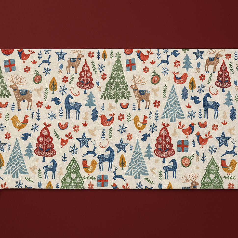 Christmas-themed patterned fabric with reindeer, trees, and presents on a red background
