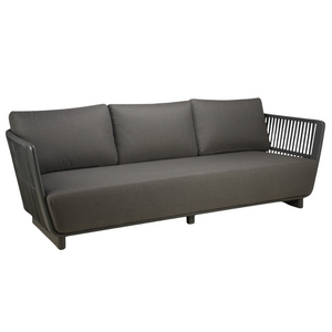 Charcoal coloured premium outdoor three seater sofa with bench seat cushion. Aluminum frame, outdoor grade rope detailing on arms and back, thick base cushion and loose  three back cushions in dark charcoal fabric