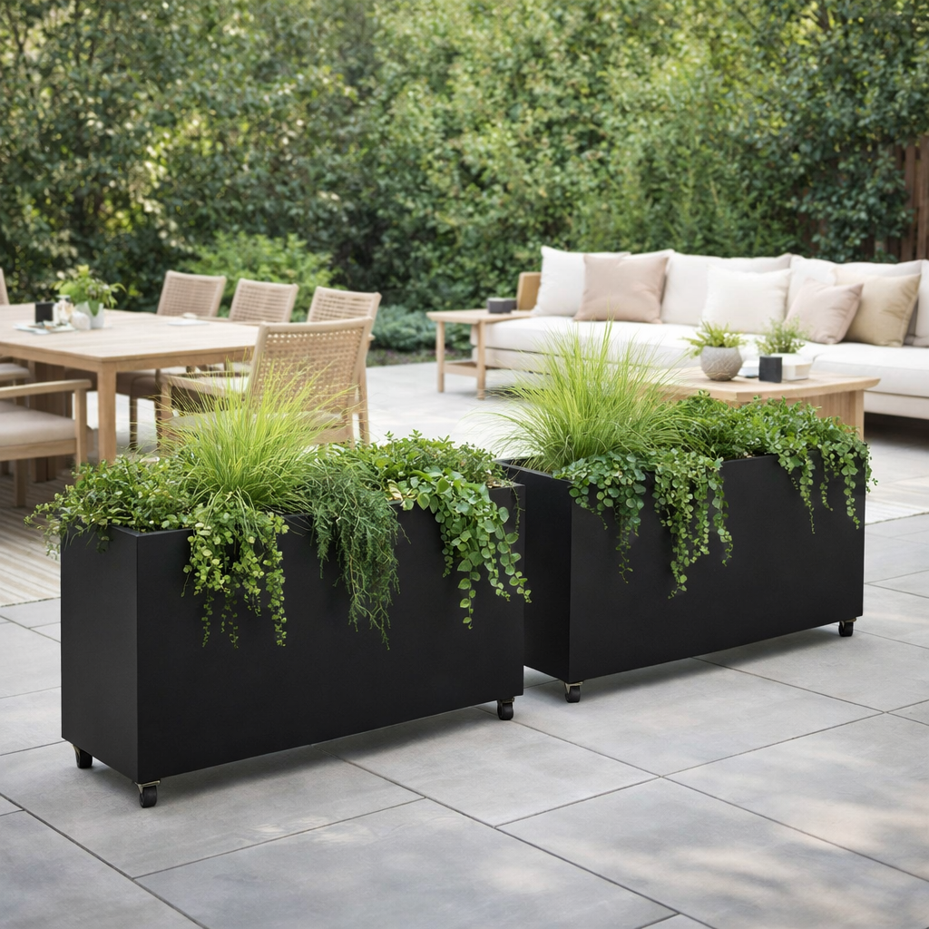 Hudson Metal 44" Rectangular Planter w/ Wheels - Matte Black