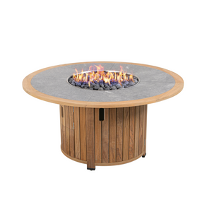 premium teak outdoor fire table, round shape, teak vertical slatted base, grey ceramic table top rimmed with teak, lava rocks, electronic ignitor, adjustable flame height, 