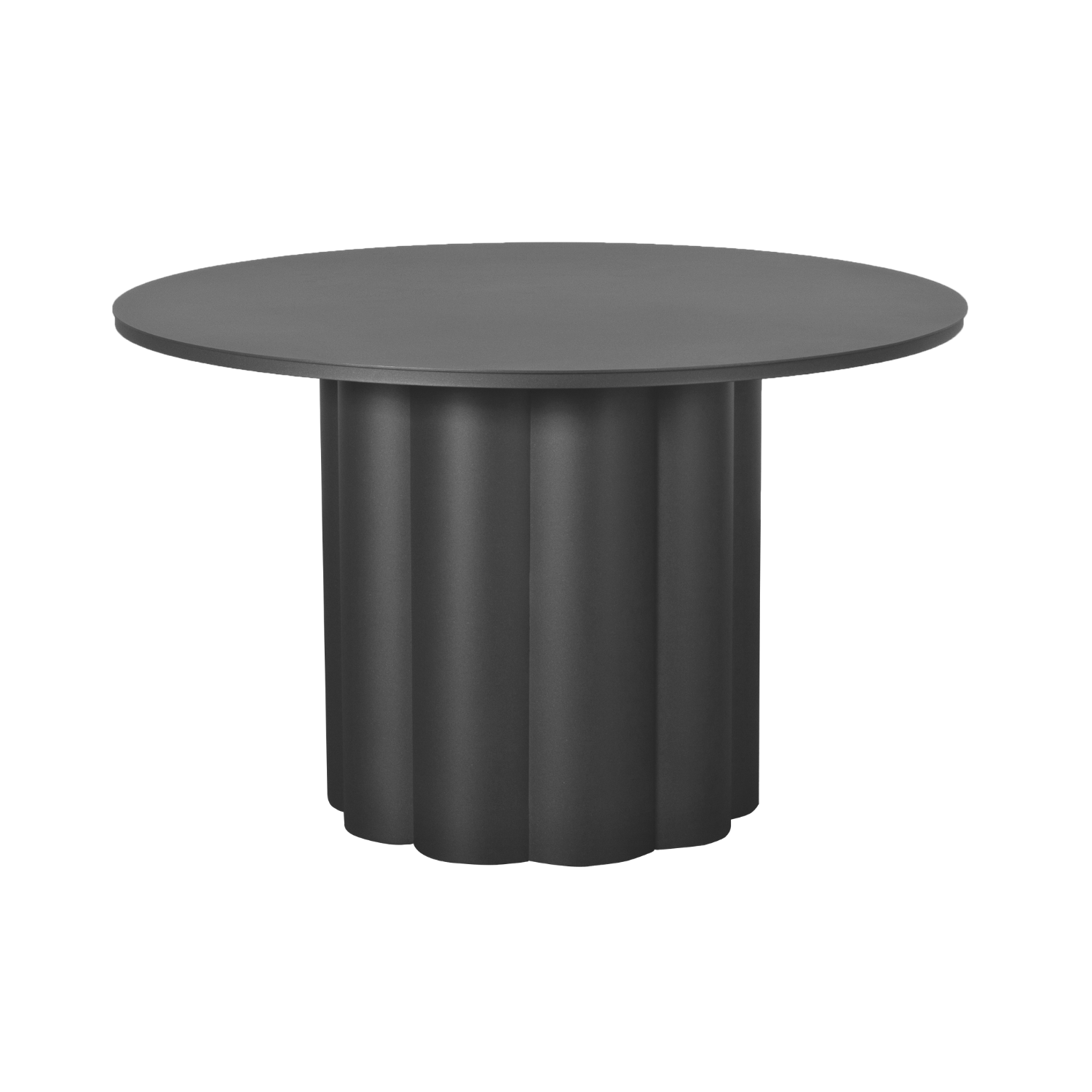 modern charcoal outdoor dining table, round, made from powder-coated aluminum, scalloped pedestal base