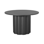 modern charcoal outdoor dining table, round, made from powder-coated aluminum, scalloped pedestal base