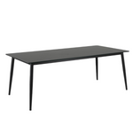 transitional indoor/outdoor dining table, rectangular shape, distressed charcoal ceramic top, tubular aluminum rust resistant legs, splayed charcoal legs, rounded corners