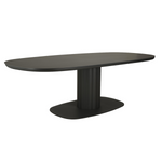 Contemporary charcoal rectangular aluminum dining table with curved corners, round ribbed pedestal with wide base  