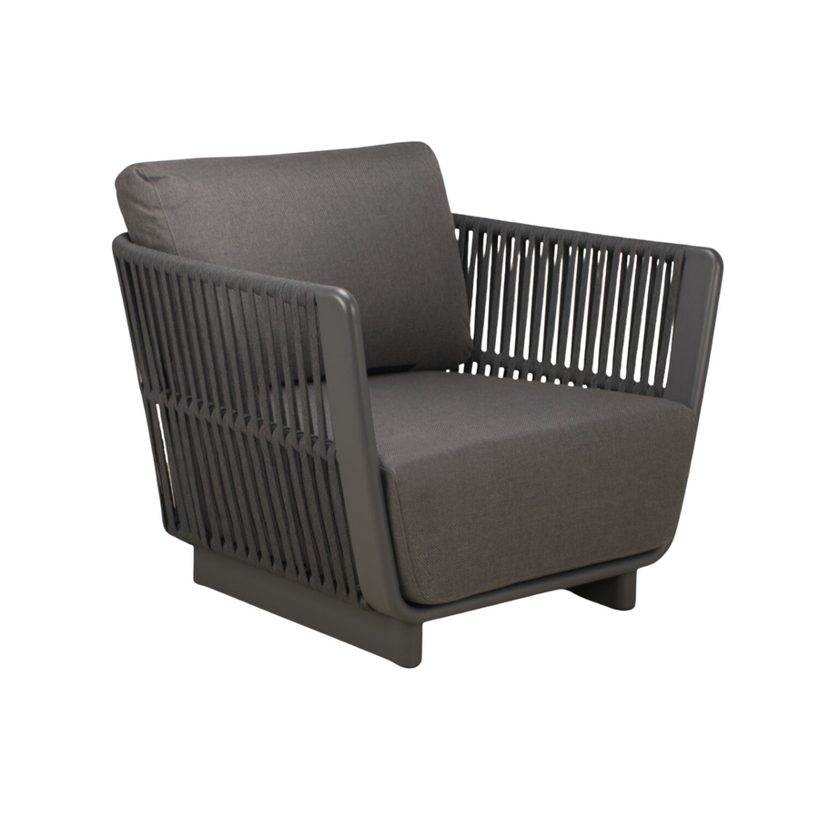 Charcoal coloured premium outdoor lounge chair. Aluminum frame, outdoor grade rope detailing on arms and back, thick base cushion and loose back cushion in dark charcoal fabric