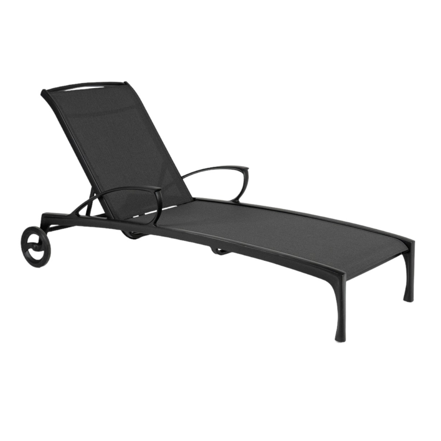 contemporary outdoor chaise lounge, black quick dry sling, black powder-coated aluminum frame, large back wheels for moving, curved armrests, 3 reclining positions, subtle curved lines