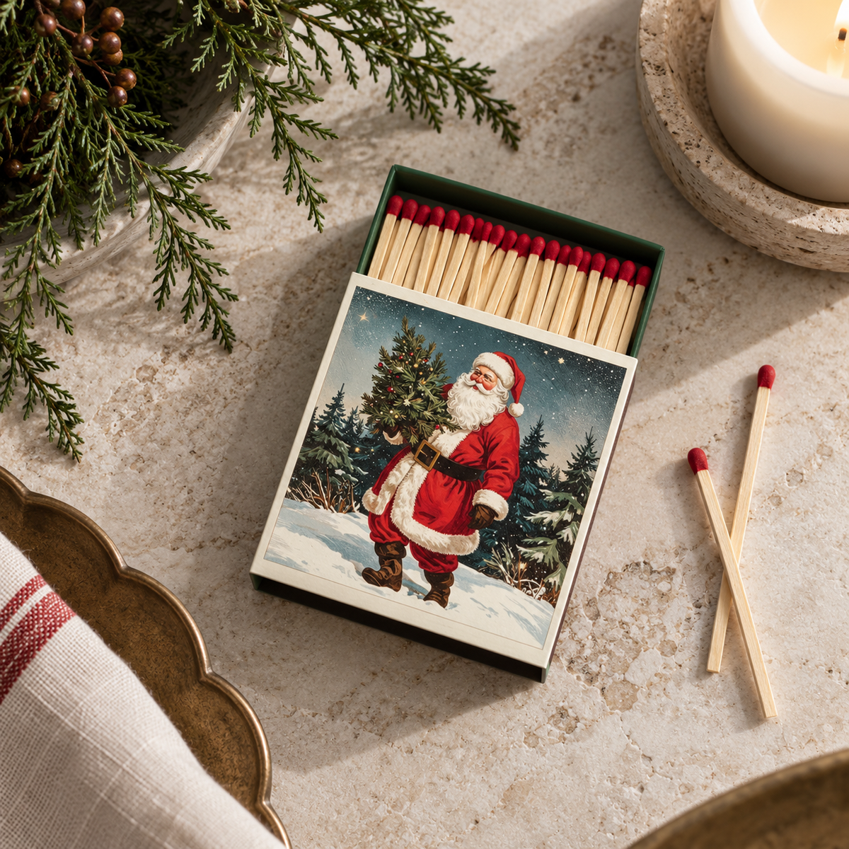 Evergreen Santa Fireplace Matchbox