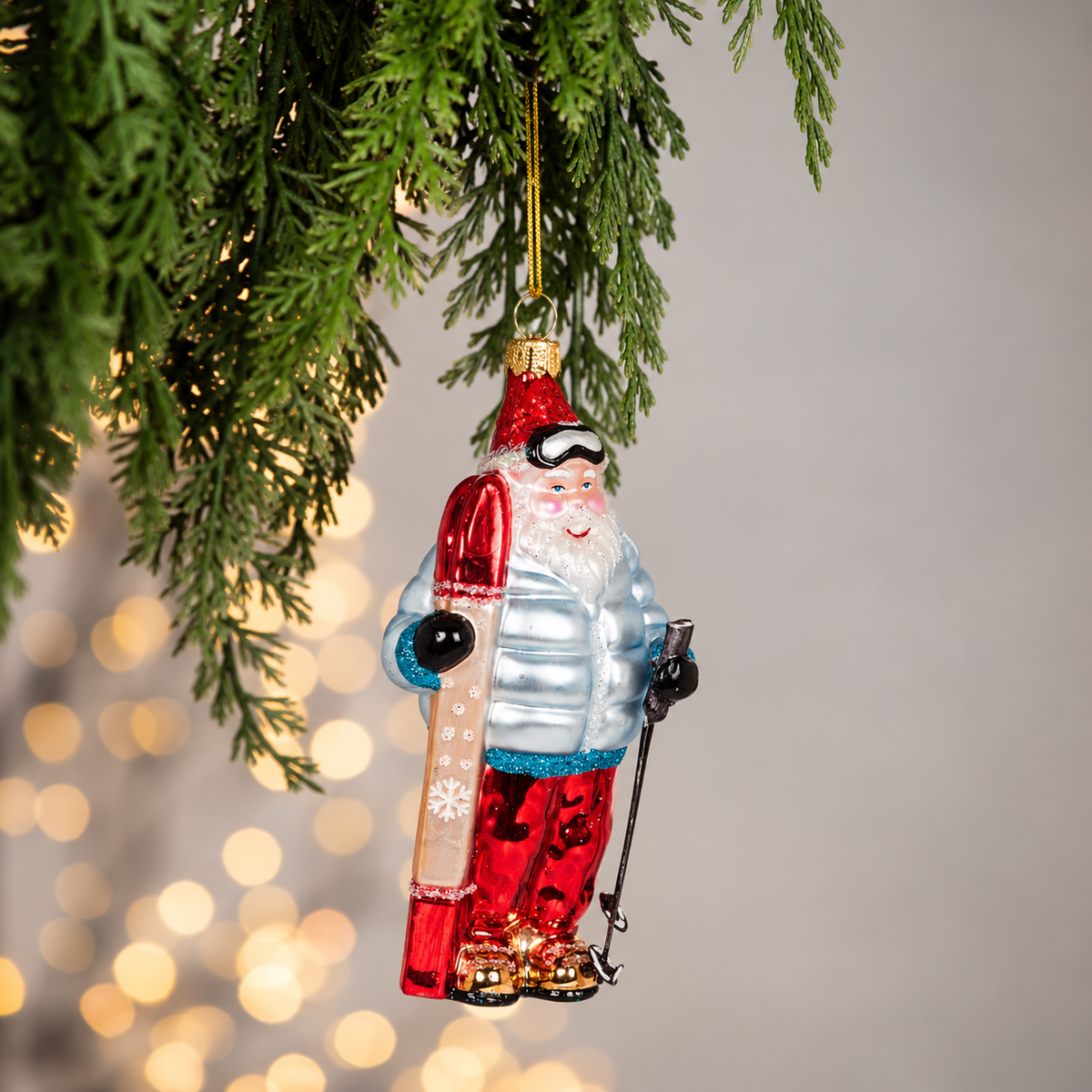 Santa Skier Glass Ornament