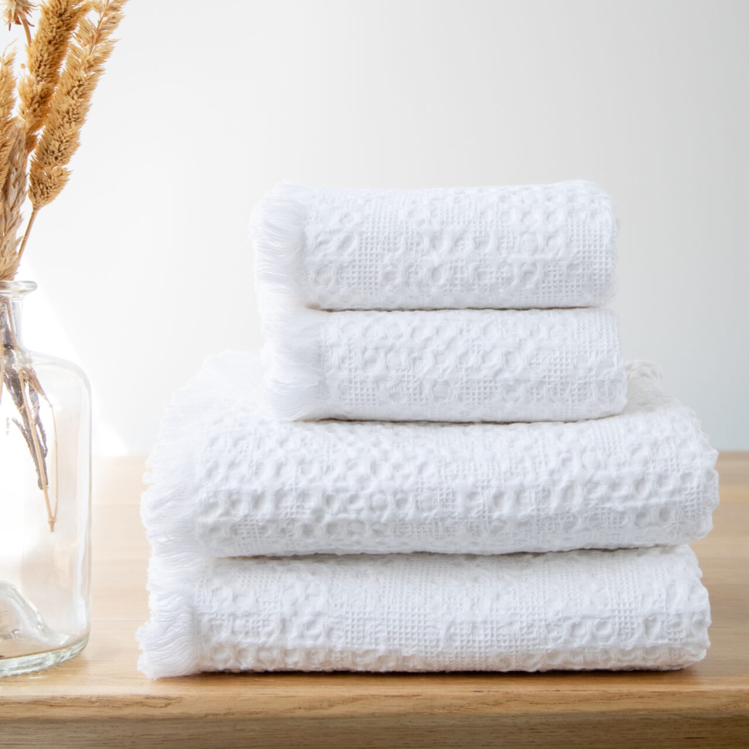 Waffle White Woven Fringed Towels
