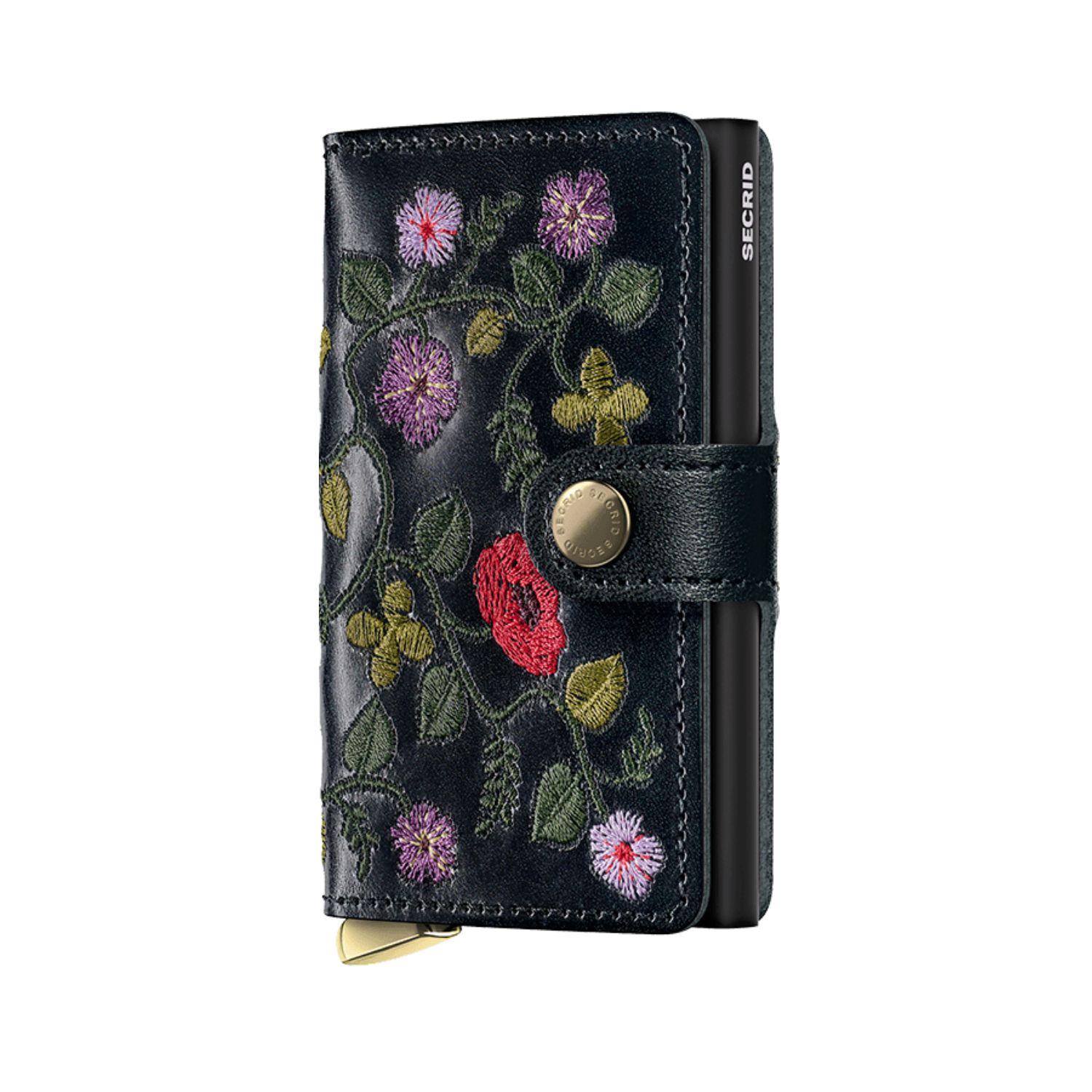 Floral Black Leather Mini Card Wallet