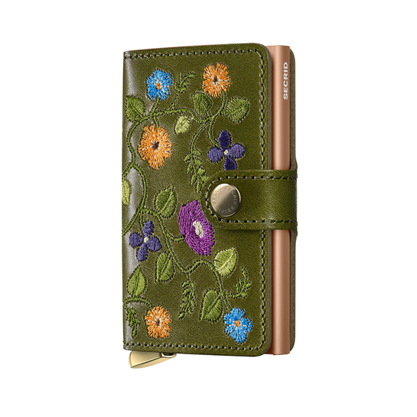 Floral Olive Leather Mini Card Wallet