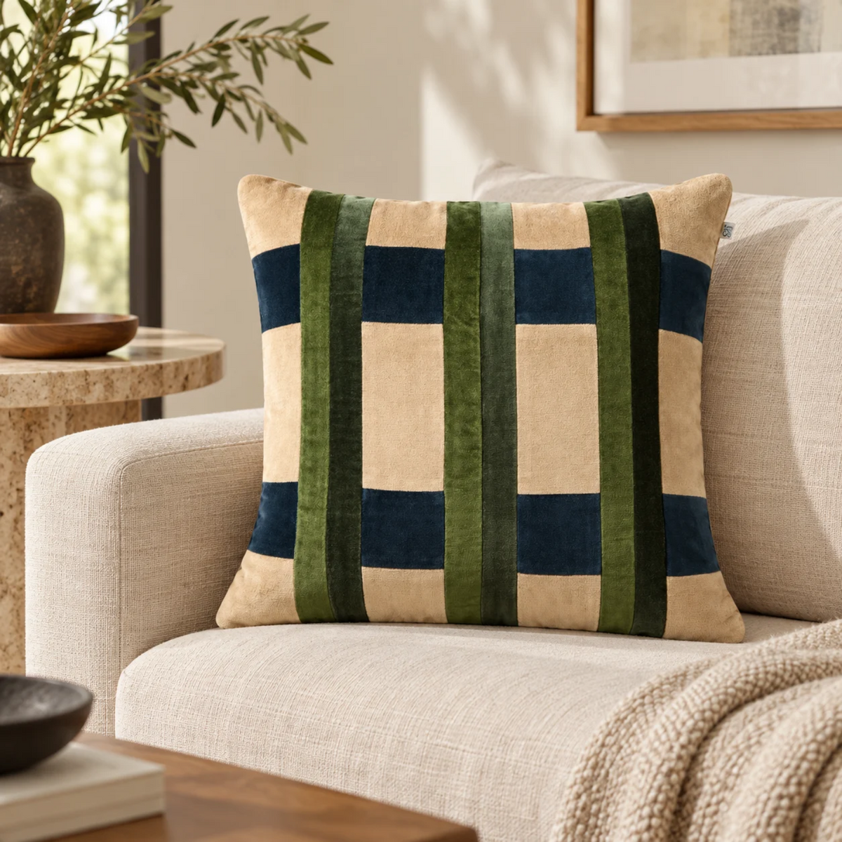 Grid Velvet Cotton Toss Pillow with Feather Insert - Forest