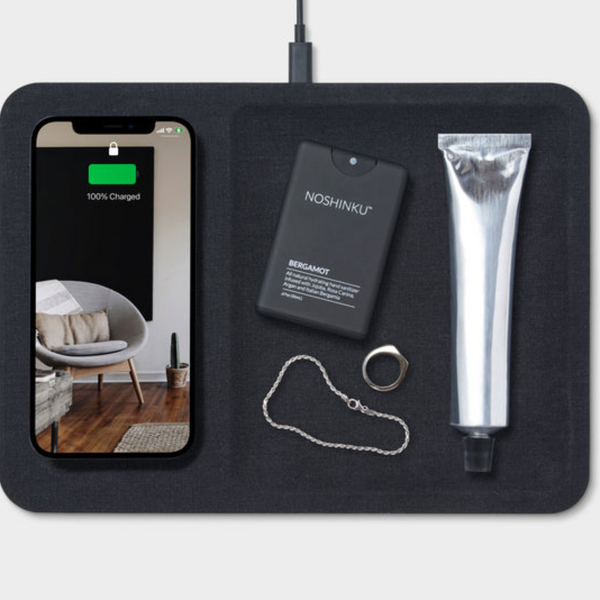 Magnetic Black Linen Wireless Charger w/Tray