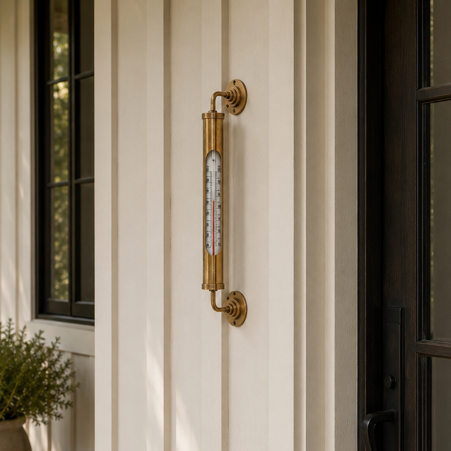A vertical brass exterior thermometer mounted on a cream-colored house siding next to a dark wood door.