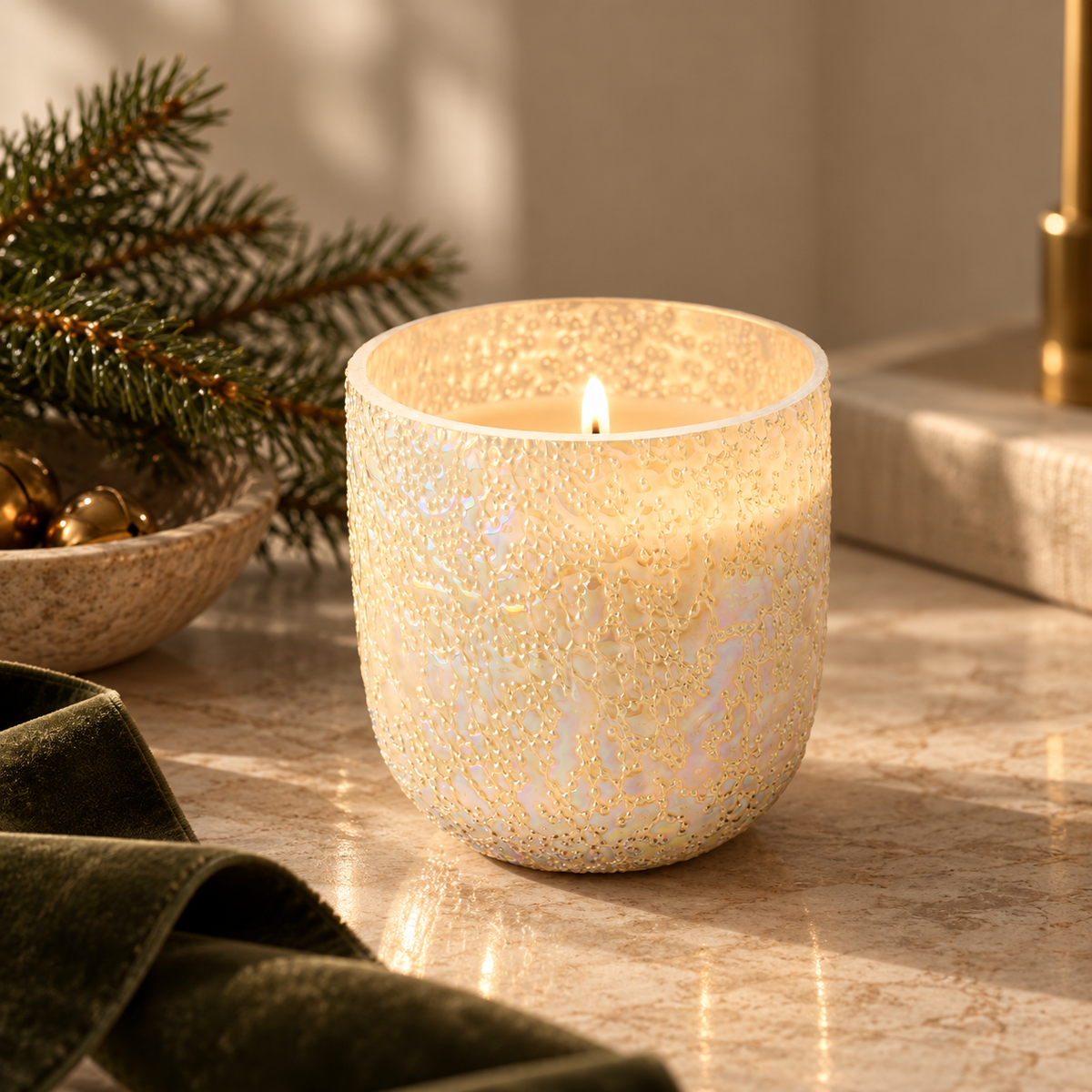 Celestial Beaded Glass Candle | Winter White