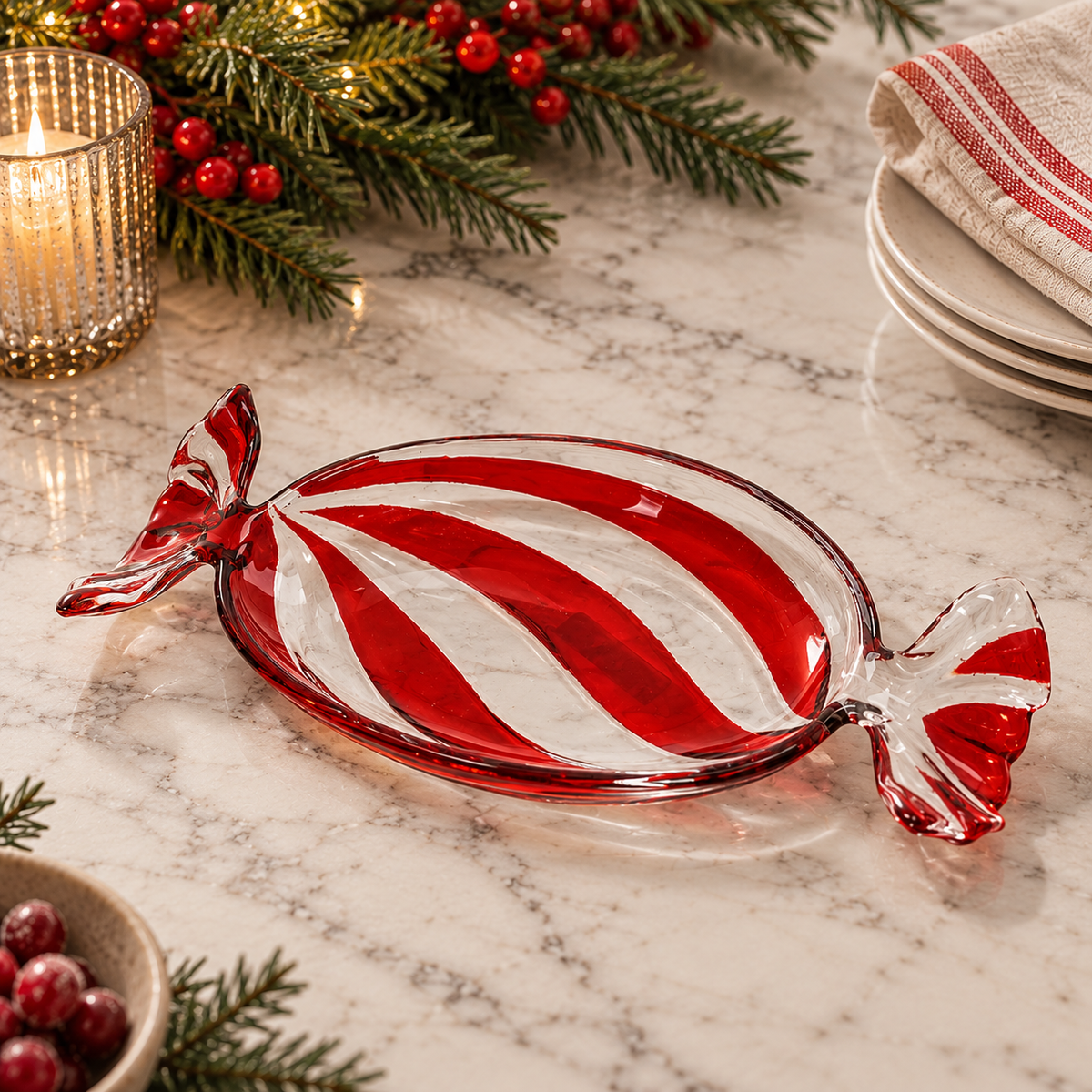 Peppermint Christmas Candy Glass Tray