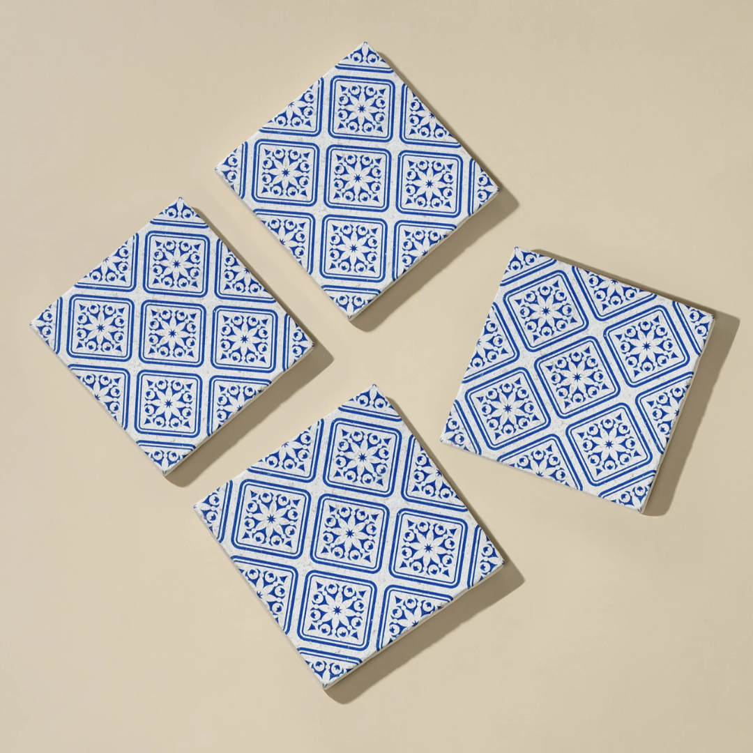 Marble Square Title Coasters (Set of 4) - Blue/White