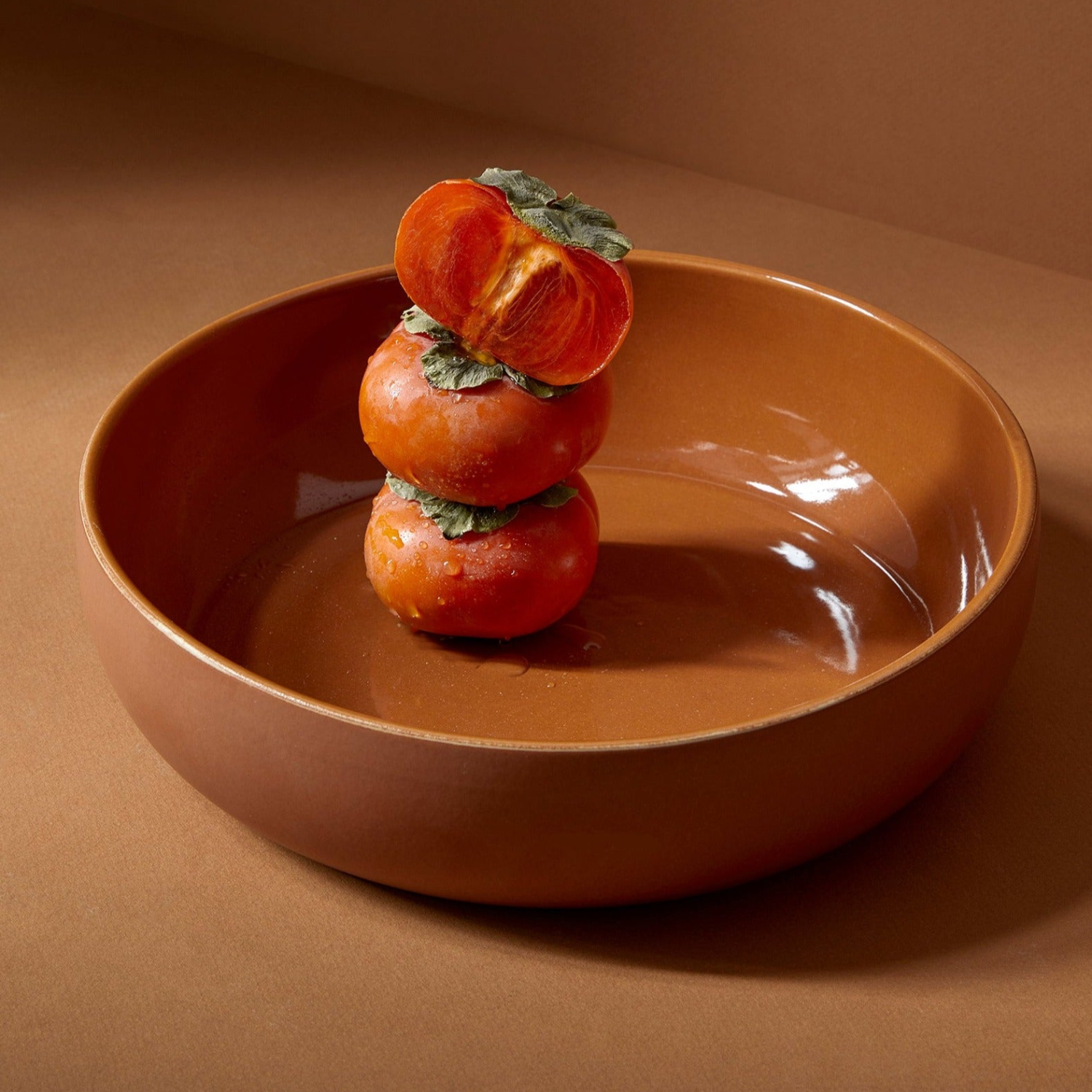 Stoneware 60oz Shallow Serving Bowl- Matte/Shiny Terracotta