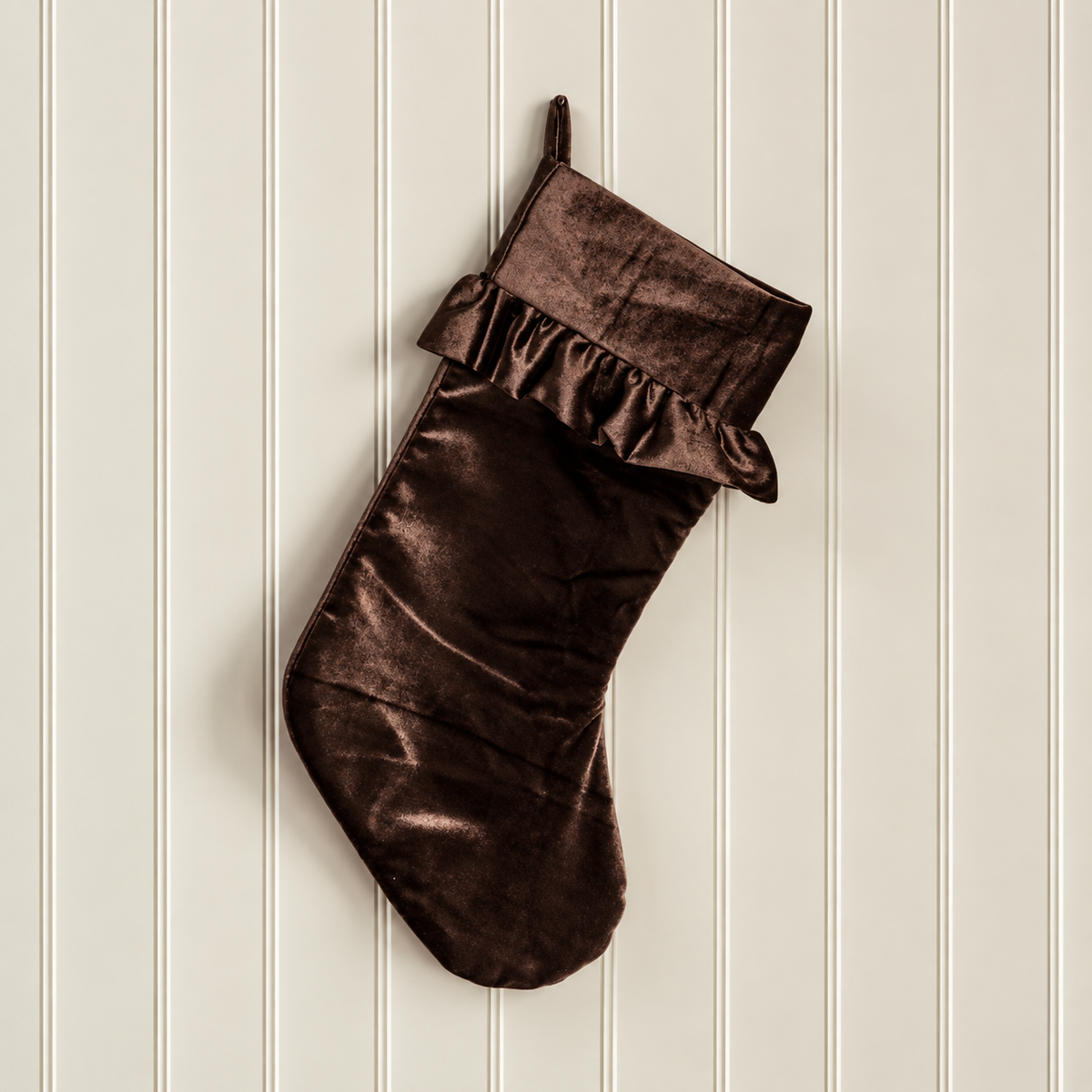 Hot Cocoa Brown Velvet Fringe Stocking