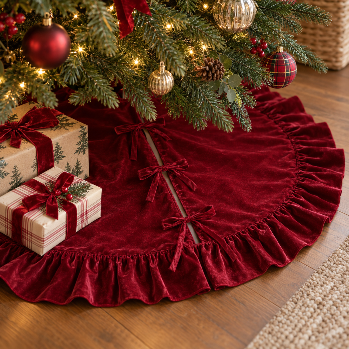 Deep Red Velvet Holiday Tree Skirt