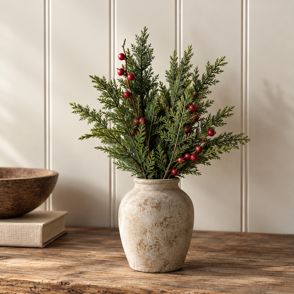 Artificial 31" Real Touch Norfolk Cypress & Frosted Red Plum Berry Stem