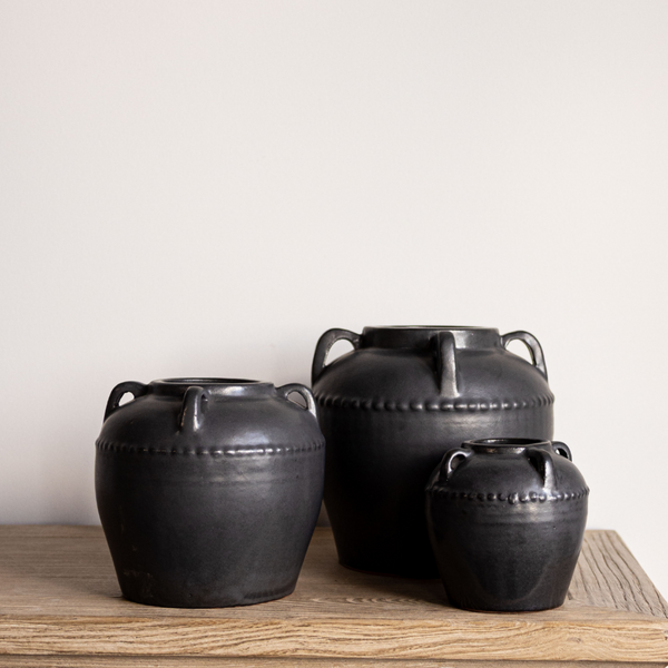 Gaspe Glazed Vase w/ Handles - Charcoal