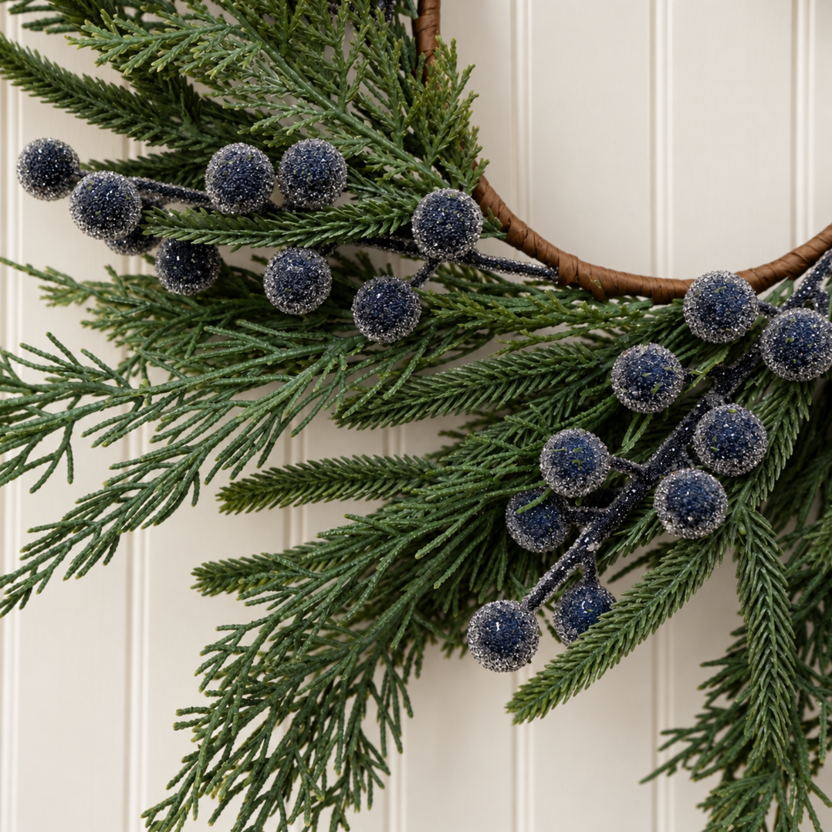 Artificial 14" Real Touch Norfolk Cypress & Frosted Blue Plum Berry Wreath