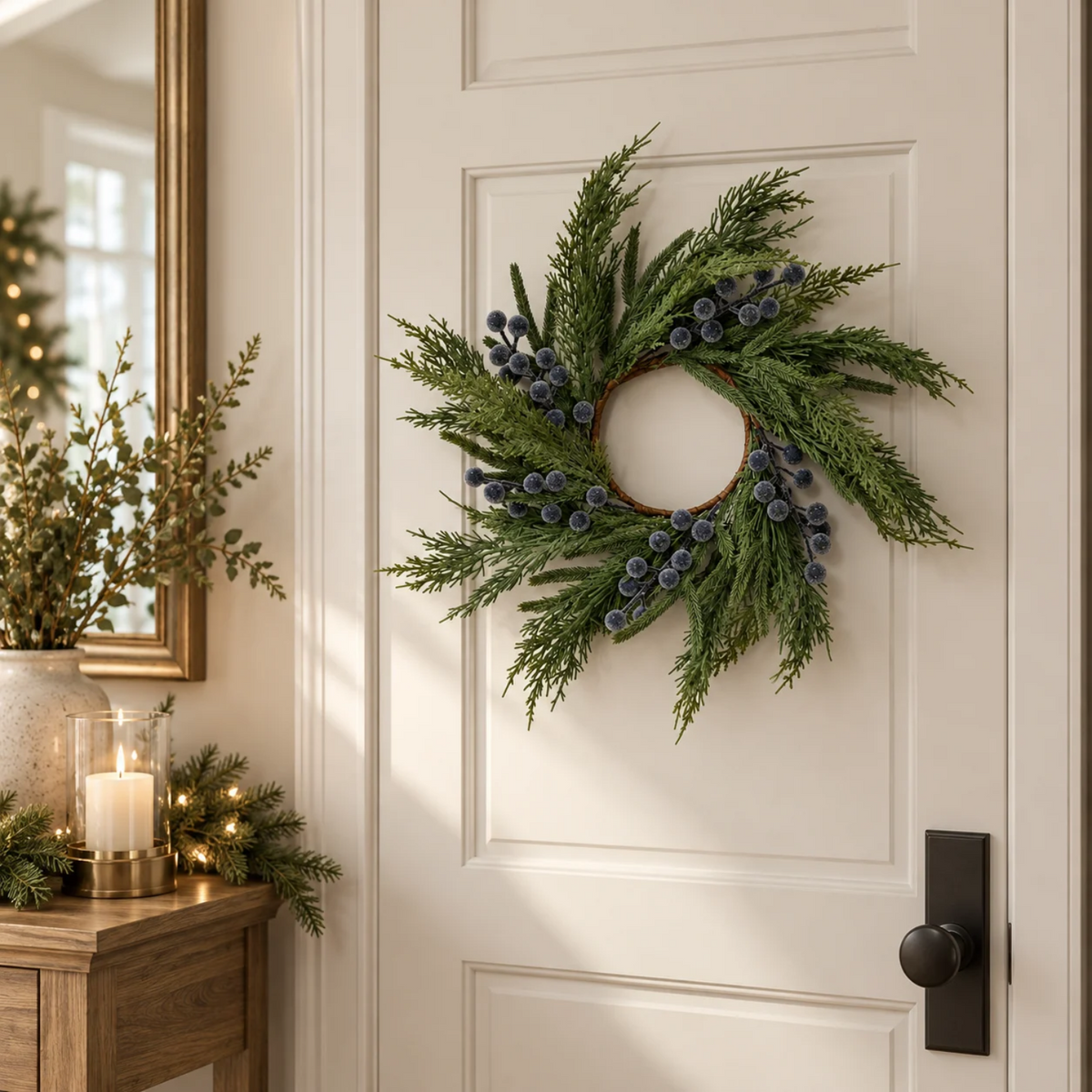 Artificial 14" Real Touch Norfolk Cypress & Frosted Blue Plum Berry Wreath